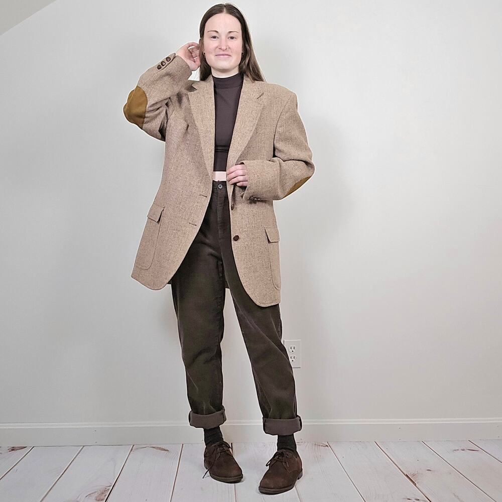 Vintage 70s 80s Tweed Elbow Patch Wool Blazer Brown M/L